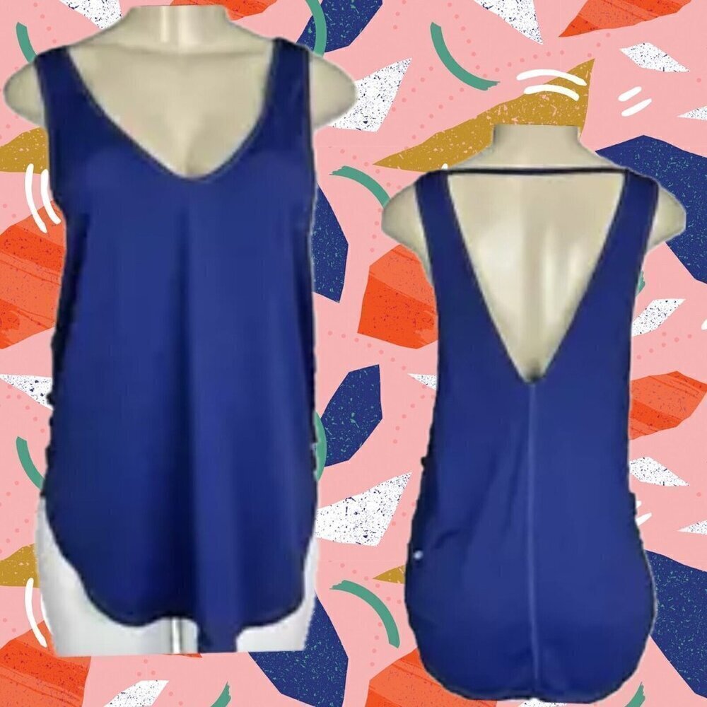 Vimmia L Blue Pin Dot Mesh Scoop Neck Low V-Backline Curved Hem Wicking Tank Top